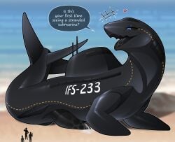 2026 absurd_res anthro aquatic beach big_penis black_body black_sclera bodily_fluids cum dialogue english_text genital_fluids genitals group gynomorph hi_res human intersex living_machine living_submarine living_vehicle living_watercraft machine macro mammal not_furry nude open_mouth outside penis sea seaside sepiruth size_difference smile speech_bubble submarine tail text vehicle water watercraft