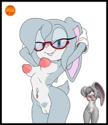 3d_(artwork) anthro clothing digital_media_(artwork) eyewear female genitals glasses gloves handwear hi_res lagomorph leche_the_rabbit_(zeta_r-02) mammal nipples nude reference_image simple_background smile solo tail vulva zeta_r-02