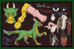 2026 3:2 anatid animal_genitalia animal_penis anseriform anserine anthro avian balls beak bird border canada_goose coat_of_arms dragon duo equine_genitalia equine_penis feathered_balls feathered_dragon feathered_ears feathered_scalie feathers feet feral genitals goose green_body green_border green_feathers holding_melee_weapon holding_object holding_sword holding_weapon hors kneeling looking_at_viewer male male/male melee_weapon model_sheet mythological_creature mythological_scalie mythology orange_eyes penis scales scalie scuted_arms scuted_legs scutes sheath shield signature simple_background slit_penis spiral_penis standing sword tail tail_feathers talons tan_body tan_feathers teal_body teal_feathers text toes trustleka_(tzair) tzair_(artist) ulerek_(tzair) weapon wingless_dragon wings yellow_body yellow_feathers yellow_scales