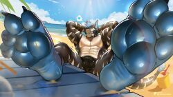 16:9 4_toes absurd_res anthro aquatic beach bodily_fluids bulge claws eljotafurro feet feet_up fish foot_fetish foot_focus foot_on_table furniture hi_res male muscular muscular_male pawpads paws shark solo sweat sweaty_feet table toe_claws toes widescreen