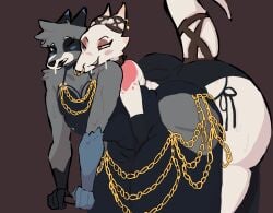 anthro ass big_butt black_lipstick bodily_fluids clothed clothing crossdressing crossdressing_male deskalewd dominant dominant_female dragon duo female hi_res hybrid kip_(eaterofthechikn) kobold lipstick makeup male male/female mammal mythological_creature mythological_scalie mythology piercing procyonid raccoon rivets_(rivetstheblue) scalie submissive submissive_male sweat sweatdrop teasing thick_thighs wide_hips
