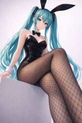 black_leotard bunny_ears bunnysuit confident female femdom fishnet_pantyhose foreshortening from_below hatsune_miku high_quality legs long_hair looking_down low_angle masterpiece pantyhose sitting solo teal_eyes turquoise_hair twintails vocaloid