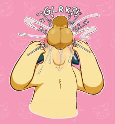 ambiguous_gender anthro balls blush bodily_fluids cum cum_on_body cum_splatter disembodied_penis duo emanata english_text faceless_character faceless_male fellatio generation_2_pokemon genital_fluids genitals gowiththephlo heart_reaction humanoid_genitalia humanoid_penis male male/ambiguous male_penetrating neck_bulge nintendo onomatopoeia oral pattern_background penetration penile penis pink_background pokemon pokemon_(species) sex simple_background sound_effects surprised text thrusting typhlosion yellow_balls