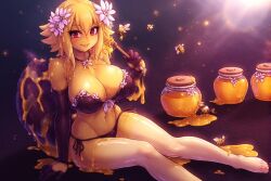 ai_generated bee flower flower_in_hair honey honey_(food) honey_slime infinite_ai jar jar_of_honey large_breasts red_eyes short_hair simple_background sitting slim_waist