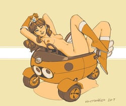 1girls blue_eyes boots breasts brown_hair casual crown curvy elbow_gloves exposed_torso female female_only footwear gloves handwear human laying_down long_hair mario_(series) mario_kart naked_boots naked_footwear naked_gloves naked_hat nintendo nipples nude pale_skin pinup princess princess_daisy solo thick thighs vehicle video_games wink wintonkidd