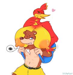 1boy 1girls avian backpack bag banjo-kazooie banjo_(banjo-kazooie) blue_eyes blush bottomwear breasts brown_fur female green_eyes heart huge_breasts kazooie male nipples shorts slickerwolf