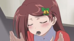 16:9_aspect_ratio animated bell blush bow brown_hair closed_eyes clothing female french_kiss green_bow hair_ornament hairbow kissing kissxsis large_filesize licking screencap sexually_suggestive solo_focus sucking suminoe_ako sweat tongue