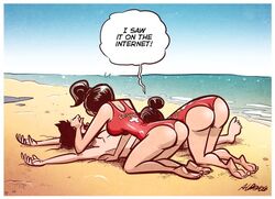 1boy 2girls albo ass beach brown_hair curvaceous curvy fellatio funny hair_bun implied_fellatio implied_oral lifeguard one-piece_swimsuit speech_bubble surprised thick wide_hips