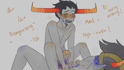2boys anal anal_sex black_hair blush closed_eyes cum cum_in_ass cum_inside dialogue front_view gay grey_background grey_skin headgear heart homestuck horns horuss_zahhak male/male male_only male_penetrating ms_paint_adventures naked open_mouth pointy_ears rufioh_nitram sharp_teeth short_hair tentabulge text troll