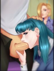 android_18 balls blowjob bulma_briefs bulma_briefs_(post_frieza_saga) dragon_ball fellatio masquerade_(artist) unseen_male_face