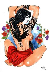 1girls 2019 ana_ishikawa arm_tattoo arms_up ass back_tattoo barefoot black_hair blue_eyes breast_tattoo breasts crusade_comics dated ed_benes_studio eye_contact eyeshadow facepaint female female_only flower flowers geisha human lipstick long_hair looking_at_viewer looking_back looking_back_at_viewer makeup mascara pinup red_lips red_lipstick red_sash sash shi shi_(character) signature solo tattoo thighs vagner_fernandes wrist_tattoo