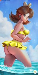 1girls ass beach bikini blue_eyes breasts brown_hair cloud crown curvaceous curvy didi_esmeralda earrings female female_only human jewelry looking_at_viewer mario_(series) nintendo outdoors partially_submerged princess_daisy sky solo standing swimsuit thick thighs water wide_hips yellow_bikini