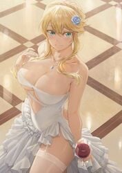 1girls artoria_pendragon artoria_pendragon_(lancer) big_breasts blonde_hair breasts bridal_gauntlets bride bursting_breasts cleavage fate/grand_order fate_(series) female female_only large_breasts looking_at_viewer solo stockings thighhighs wedding_dress yohan1754