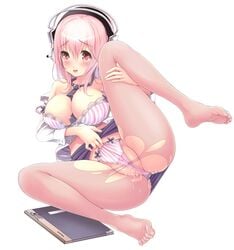 bra breast_hold business_suit censored cleavage feet foot_fetish headphones nitroplus open_shirt pantsu pantyhose pussy pussy_juice shimapan skirt_lift sonico super_sonico thong toes torn_clothes v-mag