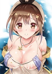 atelier_(series) atelier_ryza blush breasts brown_eyes brown_hair cleavage collarbone commentary_request cum cum_on_body cum_on_breasts cum_on_upper_body eyebrows_visible_through_hair facial female hair_ornament hairclip hat jewelry kouzuki_hajime large_breasts looking_at_viewer necklace reisalin_stout see-through short_hair solo star star_necklace upper_body white_headwear