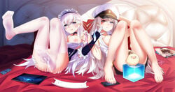 ass_grab azur_lane belfast_(azur_lane) bottomless breasts cang_se_ye_hua cum enterprise_(azur_lane) feet lesbian maid nipples no_bra nopan open_shirt skirt_lift thighhighs torn_clothes uniform