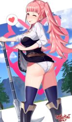 1girls absurdres artist_name ass big_ass female female_only fire_emblem fire_emblem:_three_houses fully_clothed heart highres hilda_valentine_goneril inviting nintendo one_eye_closed panties pink_eyes pink_hair sarukaiwolf skirt skirt_lift solo thick_thighs wink