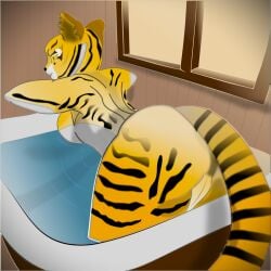 anthro ass bath bathing bathtub big_butt curvaceous curvy_anthro curvy_figure dreamworks felid female genitals kung_fu_panda looking_at_viewer looking_back mammal master_tigress pantherine pussy solo stripes sunset tail the_good_guy_two thick_thighs tiger voluptuous water wide_hips