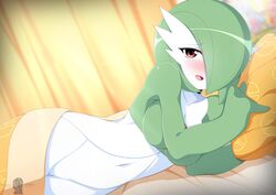 1girls anthro bed bedroom blush breasts cute eye_contact female female_only gardevoir hair_over_one_eye half-closed_eyes iryanic looking_at_viewer nintendo on_bed pokemon pokemon_(species) pokemon_rse pussy text thick_thighs watermark wide_hips