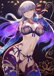 1girls armlet bangs bare_shoulders blue_hair blush bra bracelet breasts collar contrapposto cowboy_shot earrings eyebrows_visible_through_hair fate/grand_order fate_(series) flower hair_between_eyes hair_ribbon hand_up highres jewelry kama_(fate/grand_order) large_breasts lingerie long_hair looking_at_viewer lotus mashu_003 metal_collar multicolored_hair navel panties parted_lips purple_bra purple_hair purple_legwear purple_panties red_eyes red_ribbon ribbon short_hair silver_hair skindentation smile solo standing stomach thighhighs thighlet thighs underwear