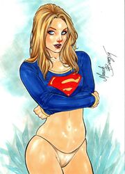 1girls 2019 argoan blonde_hair blue_eyes blue_shirt dated dc dc_comics ed_benes_studio eyeshadow female female_only kara_zor-el kryptonian lipstick long_hair makeup mariah_benes mascara panties pinup red_lips red_lipstick shirt shirt_lift signature solo supergirl superheroine superman_(series) thighs thong