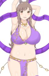 1girls blush breasts brown_eyes brown_hair cleavage cosplay embarrassed exhibitionism female female_only fire_emblem fire_emblem:_genealogy_of_the_holy_war fire_emblem_awakening hair_ornament huge_breasts jewelry large_breasts lene_(fire_emblem)_(cosplay) long_hair looking_at_viewer midriff milf navel necklace nintendo open_mouth plump raigarasu revealing_clothes smile solo sumia_(fire_emblem) thick_thighs thighs