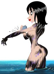 ashi_(samurai_jack) ass black_hair daughters_of_aku dirty female lake naked paint samurai_jack short_hair showering side_view sideboob small_breast smiling solo standing water