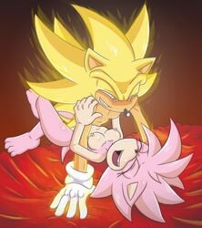 1boy 1girls amy_rose breasts closed_eyes female glowing half-closed_eyes male open_mouth pink_fur pink_hair power_sex sex smile smiling sonic_(series) sonic_the_hedgehog super_amy super_sonic yellow_eyes yellow_fur yellow_hair