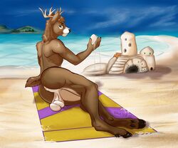 2019 amber_wind anthro anus ass backsack balls beach black_nose brown_body brown_eyes brown_fur cervid detailed_background fur hi_res horn looking_back lying male mammal nude on_side sagging_balls sea seaside short_tail smile solo summer teeth water