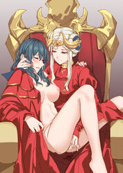 2girls areolae bare_breasts bare_midriff bare_thighs big_breasts blush blushing breasts byleth_(fire_emblem) byleth_(fire_emblem)_(female) cape closed_eyes clothed_female_nude_female couple double_bun edelgard_von_hresvelg eyebrows_visible_through_hair female female_only fingering fingering_partner fire_emblem fire_emblem:_three_houses fire_emblem_heroes green_hair human human_only iceky lesbian looking_at_another looking_at_partner multiple_girls naked_cape nintendo nipples nude nude_female open_mouth pleasure_face pleasured post-timeskip pussy pussy_juice red_cape seductive seductive_look seductive_smile silver_hair sitting sitting_on_chair sitting_on_lap sitting_on_person sitting_on_throne smile smiling thighs throne throne_sex tiara wholesome yuri