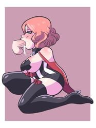 1girls bearbuckscoffee black_pasties blowjob blush bondage covered_nipples cum cum_in_mouth deepthroat fellatio fluffy_hair haru_okumura pasties penis persona persona_5 short_hair stockings x_pasties