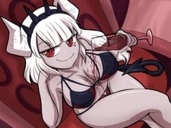 bikini demon demon_girl demon_tail helltaker horns looking_at_viewer lucifer_(helltaker) red_eyes skarlet_jewel_cv05 swimsuit tail white_hair white_horn