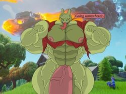 abs anthro balls dragon english_text epic_games fortnite hybrid_(fortnite) hyper_balls hyper_muscles hyper_penis kindaporn looking_at_viewer male male_only muscles muscular nipples pecs penis scalie smile solo video_games