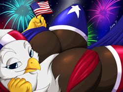 2017 4:3 4th_of_july accipitrid accipitriform american_flag american_flag_legwear anthro avian bald_eagle beak big_breasts bird breasts clothed clothing eagle female fireworks flag half-closed_eyes hi_res holding_object huge_breasts legwear liberty_(suirano) looking_at_viewer non-mammal_breasts sea_eagle solo suirano