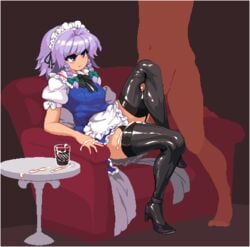 1boy 2d apron black_footwear black_legwear blush braid breasts clothed_female_nude_male couch cum cum_on_body cum_on_lower_body cup dark-skinned_male drinking_glass female garter_straps groin high_heels kneepit_sex long_hair lowres maid maid_apron maid_headdress navel nude penis pixel_art puffy_sleeves purple_eyes purple_hair sakuya_izayoi sitting straight table takorin thigh_sex thighhighs tiptoes touhou