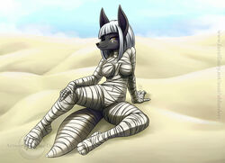 4_toes abluedeer anthro anubian_jackal bandage breasts canid canine canis desert eye_tattoo female jackal mammal mummy sand spread_legs spreading tagme tail toes undead white_hair