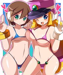 2girls aile bikini blonde_hair blue_eyes blush breasts brown_hair cleavage duo female female_only gloves green_eyes hat heart himurororo holding_hands large_breasts long_hair mega_man mega_man_zx micro_bikini multiple_girls one_eye_closed peace_sign pose prairie shiny shiny_skin short_hair standing swimsuit thighs v white_gloves