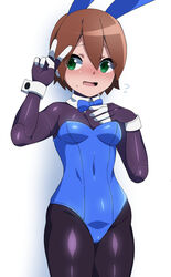 1girls aile artificial_skin bowtie breasts bunny_ears bunny_girl bunnysuit cyborg human mega_man mega_man_zx nervous nervous_smile open_mouth peace_sign rockman_zx small_breasts solo thick_thighs thighhighs