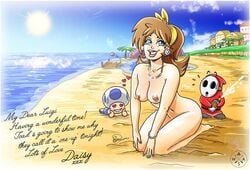 1girls 2boys beach blue_eyes bracelet breasts brown_hair citizenwolfie curvy earrings english_text female female_focus happy headband heart heart_eyes kneeling looking_at_viewer male mario_(series) multiple_boys necklace nintendo nipples nude on_knees outdoors princess_daisy seiza shy_guy super_mario_bros. super_mario_sunshine text thick toad_(mario) video_games wide_hips