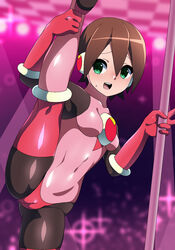 aile aqua_eyes blush bodysuit breasts brown_hair covered_navel female female_focus female_only gloves hair_between_eyes impossible_bodysuit impossible_clothes legs_up mega_man mega_man_zx open_mouth pink_gloves roll.exe_(cosplay) stripper_pole xenoxeno