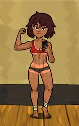 ajna_(indivisible) boyshorts brown_hair brown_skin indivisible muscular_female podree short_hair tan_skin tank_top tanline tomboy workout