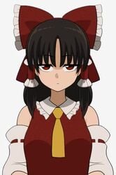 1girls 2d animated ascot black_hair bouncing_breasts breasts detached_sleeves emotionless eye_contact flashing frilled_bow frills hair_tubes large_breasts long_hair looking_at_viewer nipples no_sound red_eyes red_ribbon red_shirt reimu_hakurei ribbon shiguma_(signalmass) solo stare touhou unamused undressing video