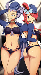 2girls abs ass black_lingerie blue_eyes bra breasts eye_contact flight_attendant gerania_(pokémon) hair_ornament half-closed_eyes human human_only lingerie looking_at_viewer looking_back nintendo open_mouth panties pokemon pokemon_bw pokemon_bw2 pokemon_oras pokemon_rse purple_eyes purple_hair red_hair seductive_smile skyla_(pokemon) stewardess stewardess_uniform vivivoovoo wide_hips winking_at_viewer winona_(pokemon)