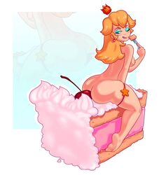 1girls ass big_ass blonde_hair blue_eyes breasts cake cuprumrus dat_ass eating female female_only food full_body long_hair looking_back mario_(series) nintendo nipples nude princess_peach simple_background sitting solo video_games wink