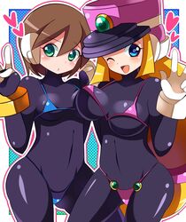 2girls aile artificial_skin bikini blonde_hair bra breasts brown_hair green_eyes heart highres himurororo long_hair mega_man mega_man_zx micro_bikini multiple_girls panties pout prairie rockman rockman_zx short_hair swimsuit