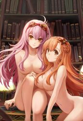 2girls arnas_(yoru_no_nai_kuni) arnice bent_over big_breasts hair_covering_breasts legs_together library lilysse looking_at_viewer lyuritis_(yoru_no_nai_kuni) multiple_girls nights_of_azure nude pepsimen pink_hair red_hair sitting_down take_your_pick video_games white_hair yellow_eyes yoru_no_nai_kuni yuri