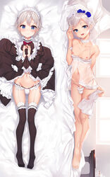 1boy babydoll bangs bed_sheet black_dress black_legwear blue_eyes blue_flower blue_rose blush bow bridal_veil bulge canon_crossdressing choker closed_mouth crossdressing dakimakura dress dress_lift feet femboy flower frilled_dress frills from_above full_body garter_straps grey_hair hair_between_eyes hair_flower hair_ornament hands_together highres lingerie long_sleeves lying maid maid_headdress male_focus male_only multiple_views my_teen_romantic_comedy_snafu navel nipples on_back on_side open_mouth panties penis puffy_long_sleeves puffy_sleeves red_bow rose see-through short_hair smile solo solo_male strap_slip string_panties swept_bangs table thighhighs toes totsuka_saika trap underwear veil wedding_veil white_babydoll white_choker white_flower white_rose yaguo