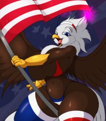 2019 4th_of_july accipitrid accipitriform american_eagle anthro avian bald_eagle beak bird breasts clothing digital_media_(artwork) eagle female flag hi_res legwear liberty_(suirano) looking_at_viewer nipple_outline non-mammal_breasts open_beak open_mouth sea_eagle signature solo spread_wings suirano tongue wings