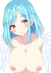 angel_wings areolae arms_behind_back bangs bare_shoulders blue_hair blush braid breasts closed_mouth collarbone female fuji_yoshida highres large_areolae large_breasts looking_at_viewer moira_(nijisanji) mole mole_on_breast mole_under_mouth nijisanji nipples nude short_hair simple_background solo stomach virtual_youtuber wings yellow_eyes