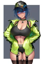 baseball_cap big_breasts blue_hair collar glowing_eyes hat jacket legwear milky_(yin-ting_tian) piercing short_hair sports_bikini sports_bra sportswear thighhighs yin-ting_tian